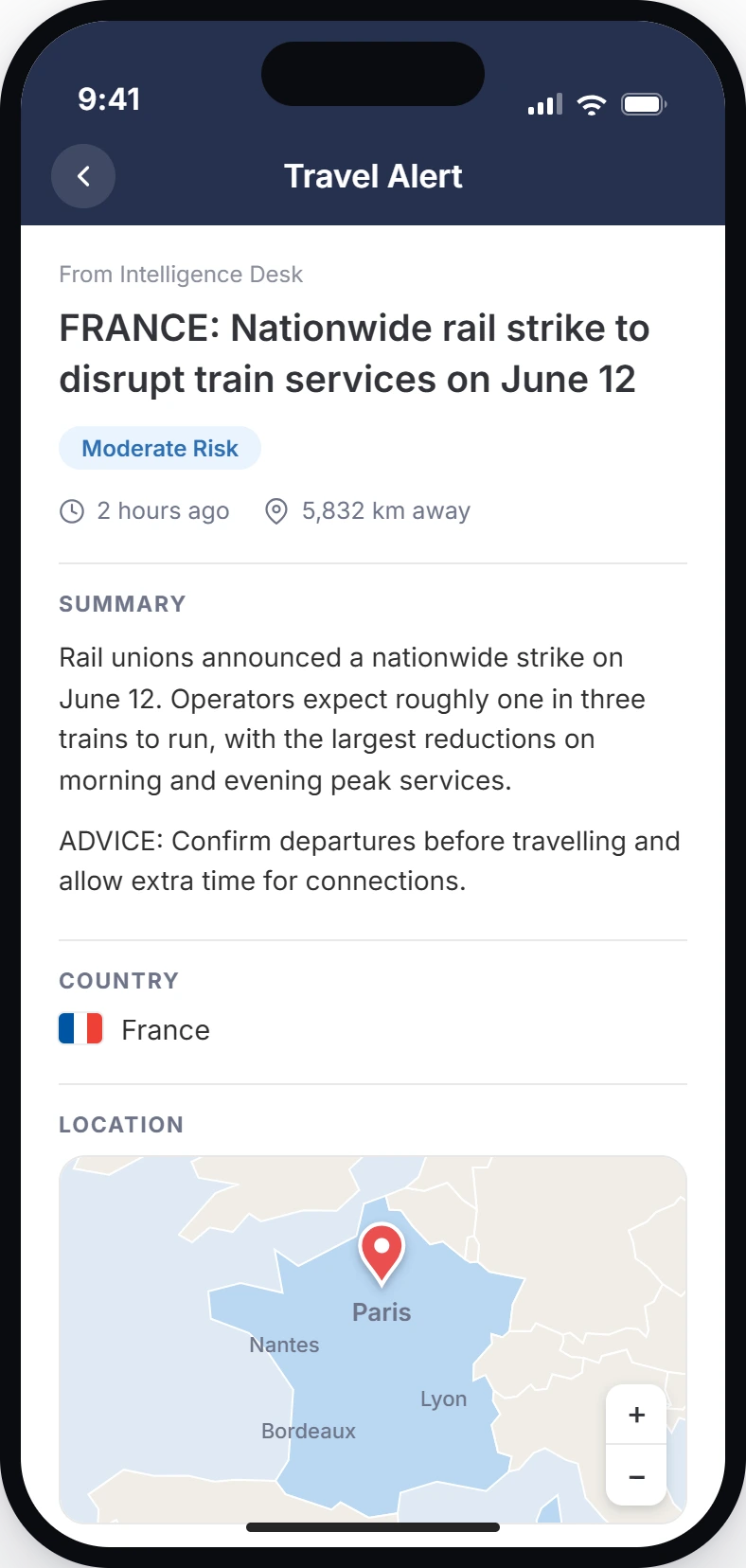 A moderate-risk travel alert about a nationwide rail strike in France, shown in the CI360 traveler app
