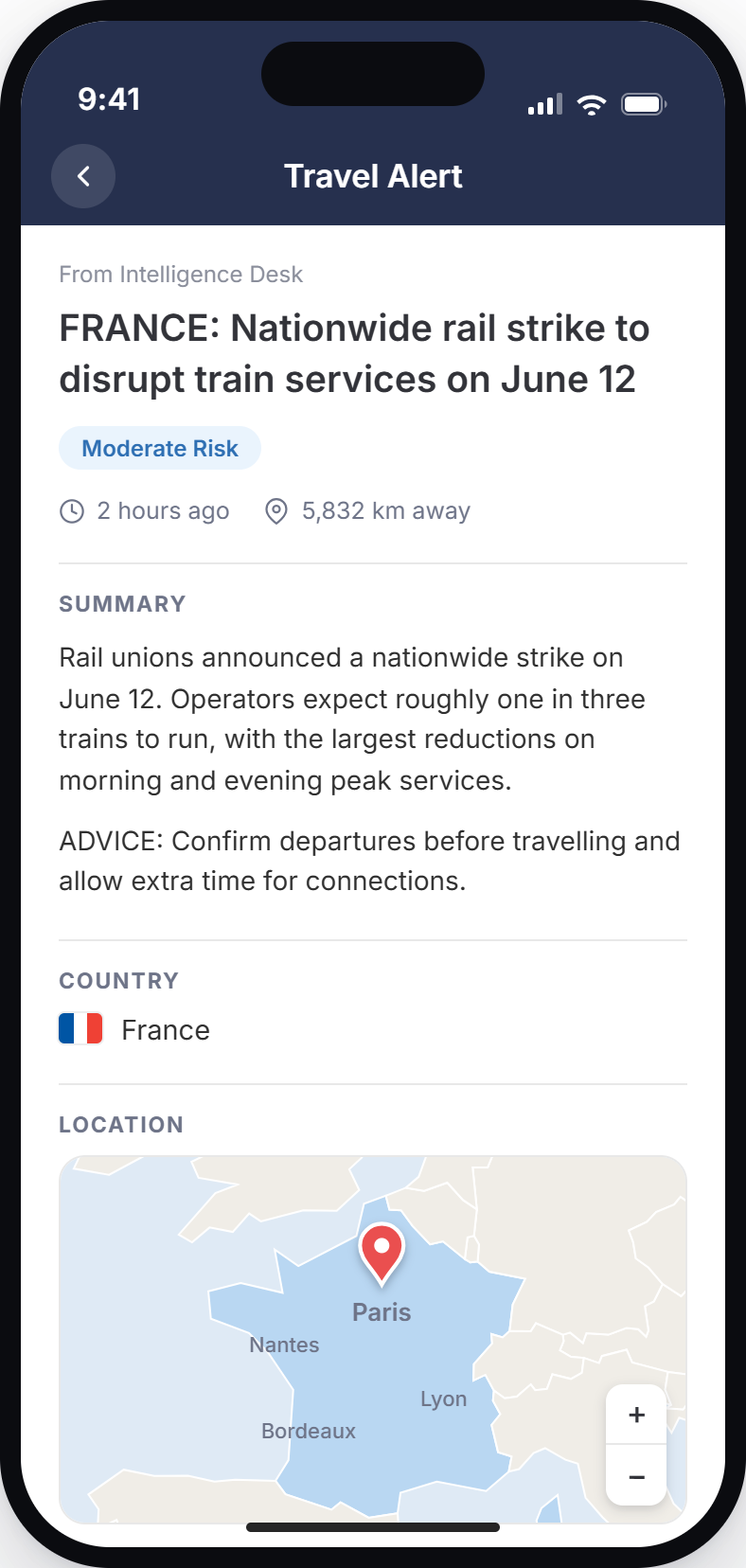 A moderate-risk travel alert about a nationwide rail strike in France, shown in the CI360 traveler app