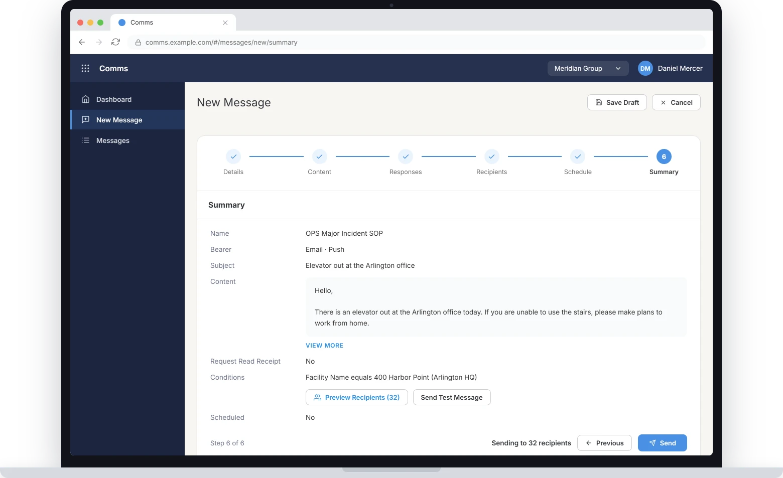 Composing a message in CI360 comms: channels, subject, content and recipient conditions summarized before sending to 32 recipients