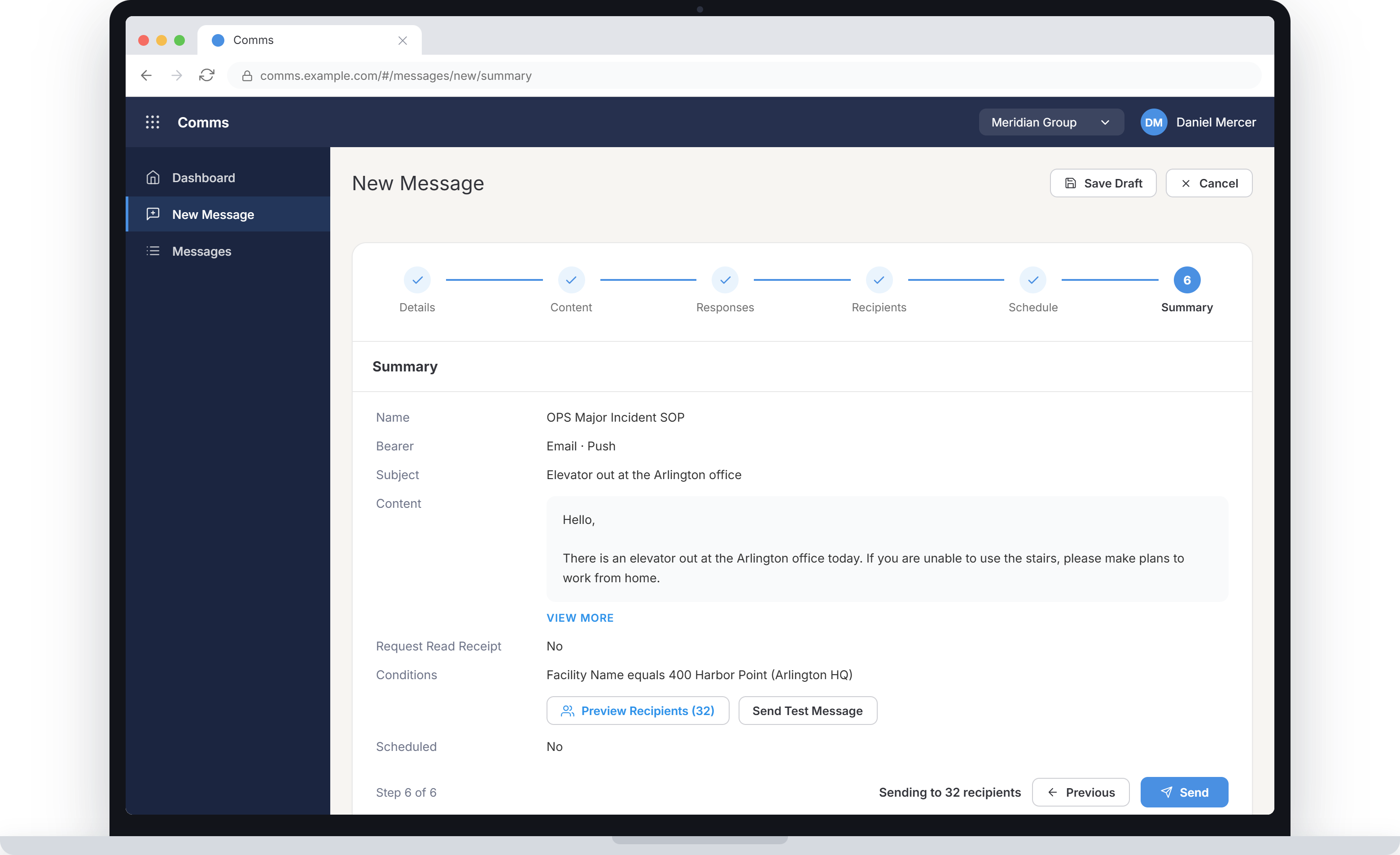 Composing a message in CI360 comms: channels, subject, content and recipient conditions summarized before sending to 32 recipients