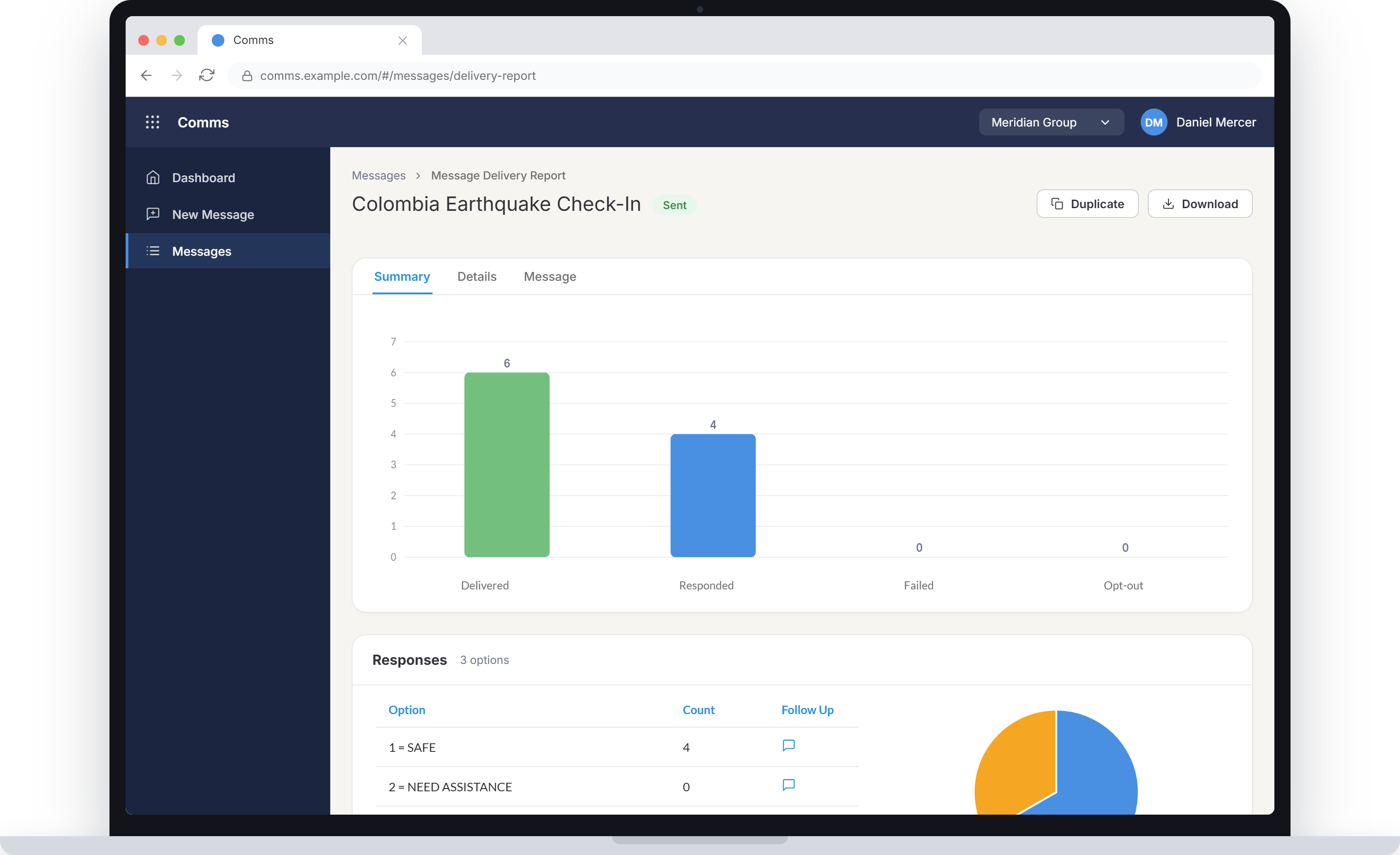 A CI360 message delivery report: delivered, responded, failed and opt-out counts for an earthquake check-in, with responses by option
