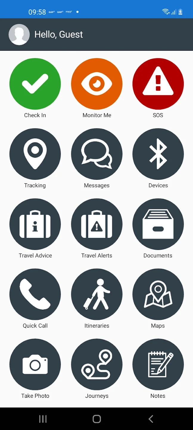 The CI360 traveler app home screen: SOS, check-in, alerts, trips and tracking one tap from the front page