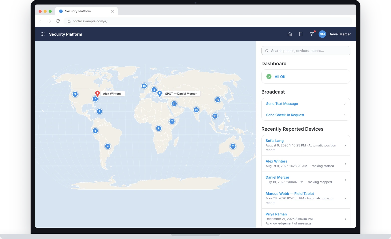 The CI360 security platform home: a live world map of tracked people and devices beside the dashboard, broadcast actions and recently reported devices