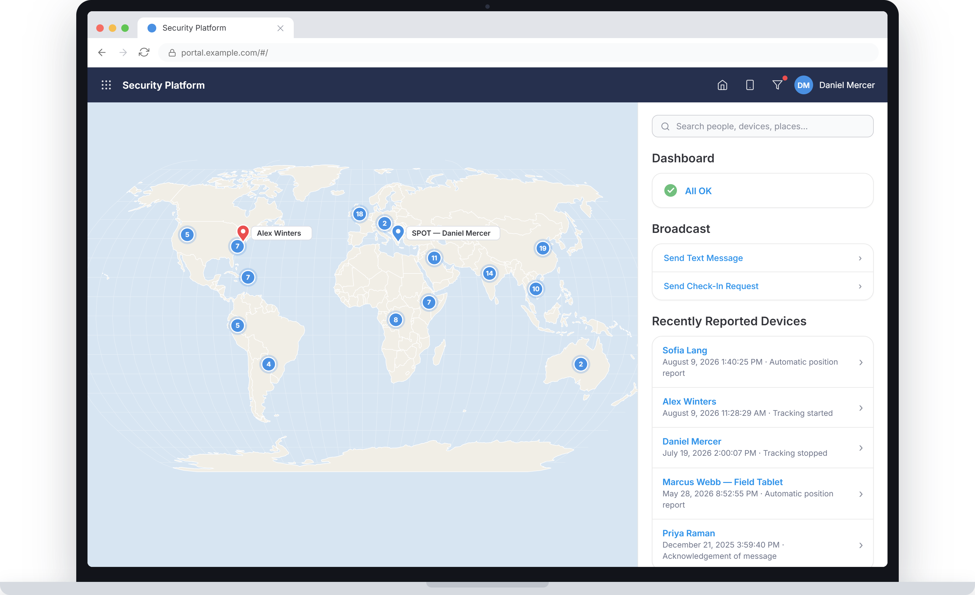 The CI360 security platform home: a live world map of tracked people and devices beside the dashboard, broadcast actions and recently reported devices