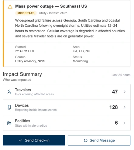CI360 security portal: a mass power outage alert with the travelers, devices and facilities inside the impact zone