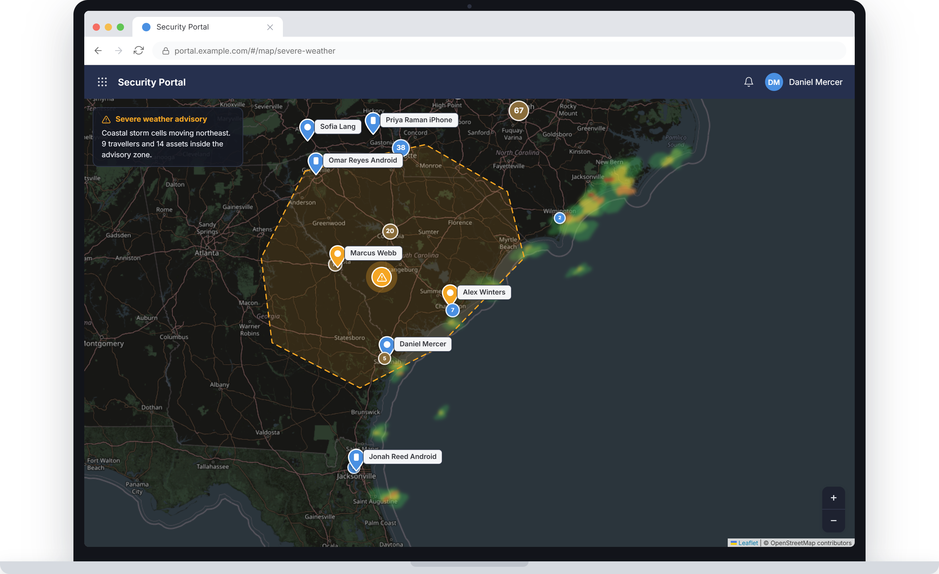 CI360 security portal: a severe weather advisory zone on the operational map, with the travelers and devices inside it
