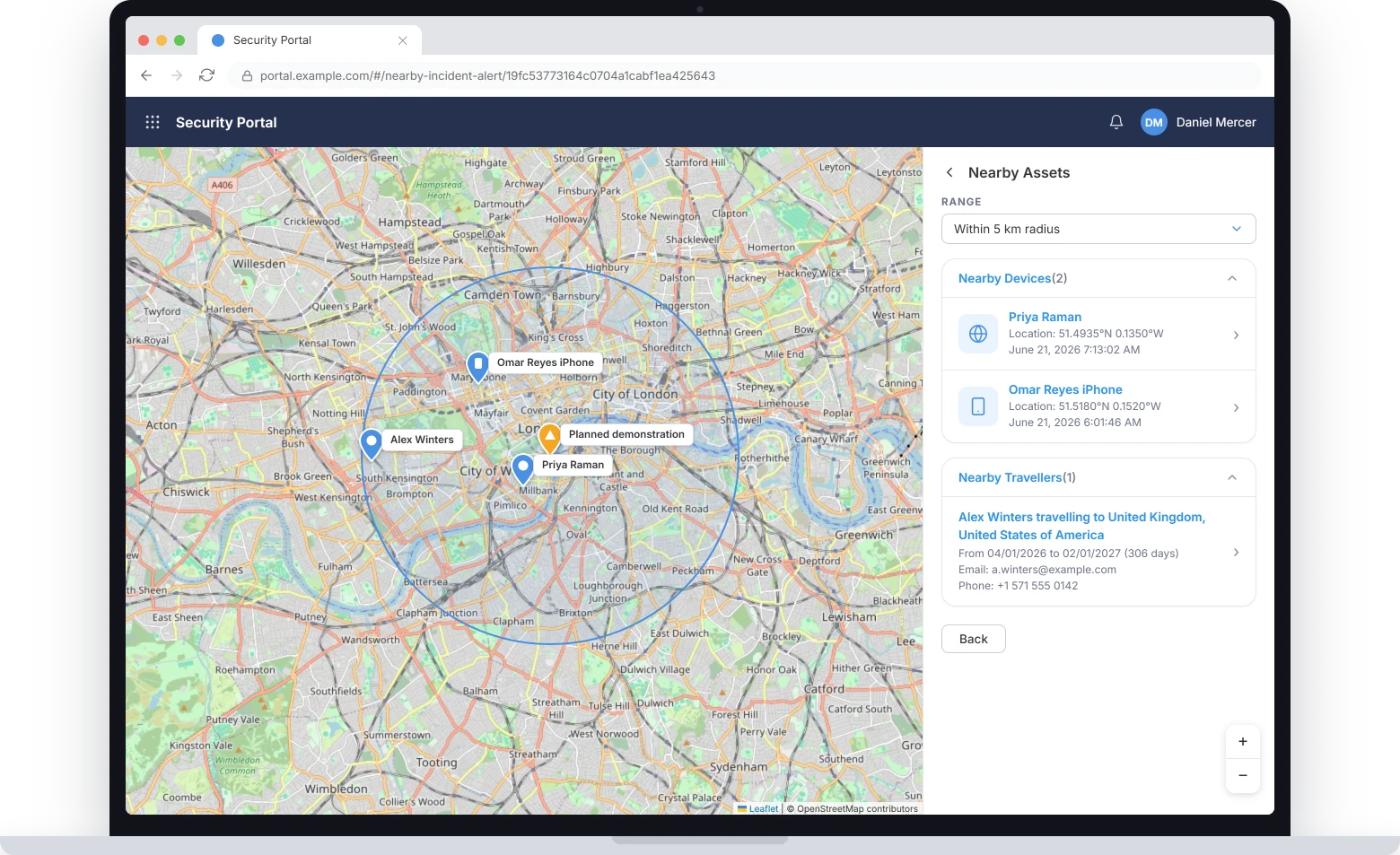 The CI360 operations console resolving nearby assets: the devices and travelers within a chosen radius of an incident, on the same map