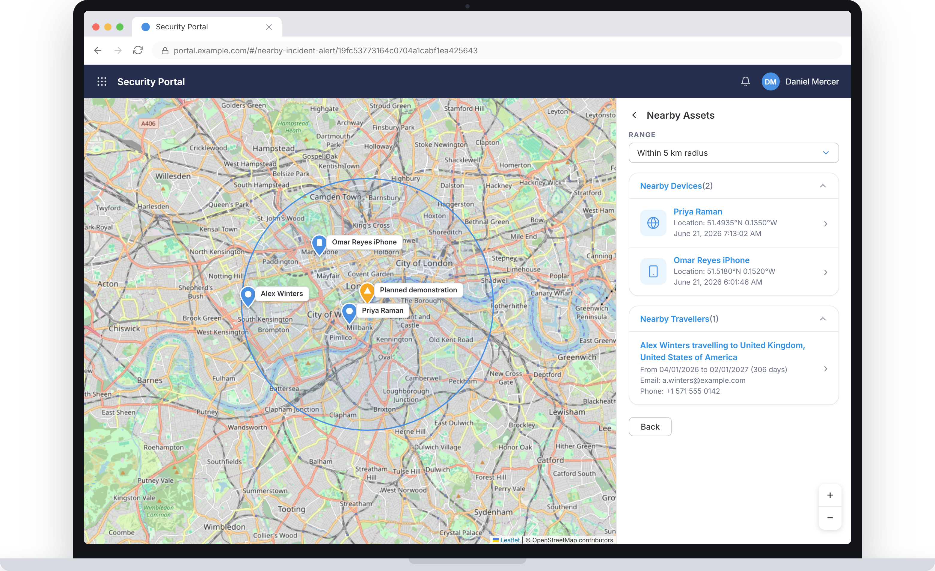 The CI360 operations console resolving nearby assets: the devices and travelers within a chosen radius of an incident, on the same map