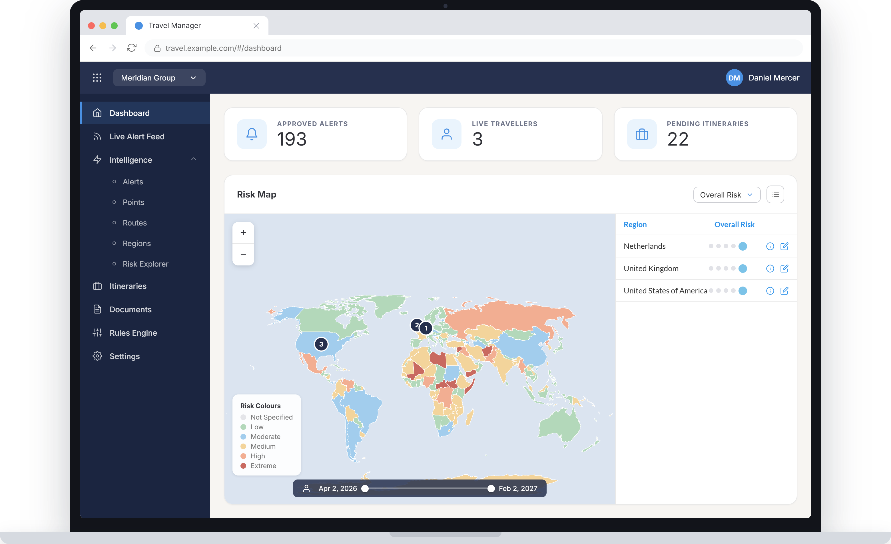 The CI360 travel manager dashboard: approved alerts, live travelers and pending itineraries above a color-coded risk map
