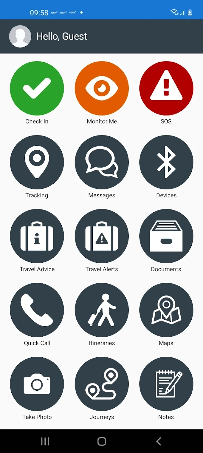 The CI360 traveler app home screen: SOS, check-in, alerts, trips and tracking one tap from the front page